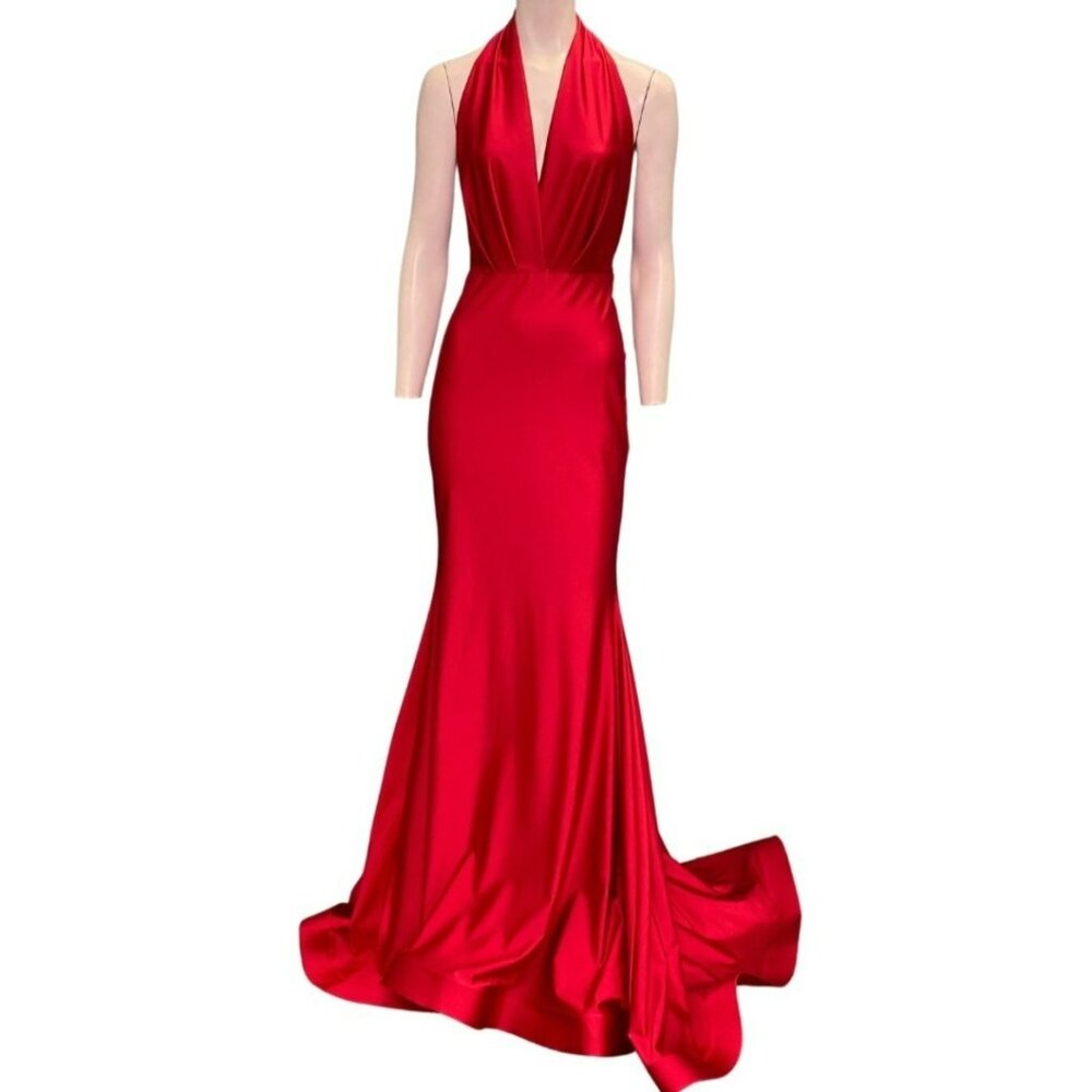 Jessica Angel 701 V-neck Halter Open Back Maxi Gown Red Size Small NWT